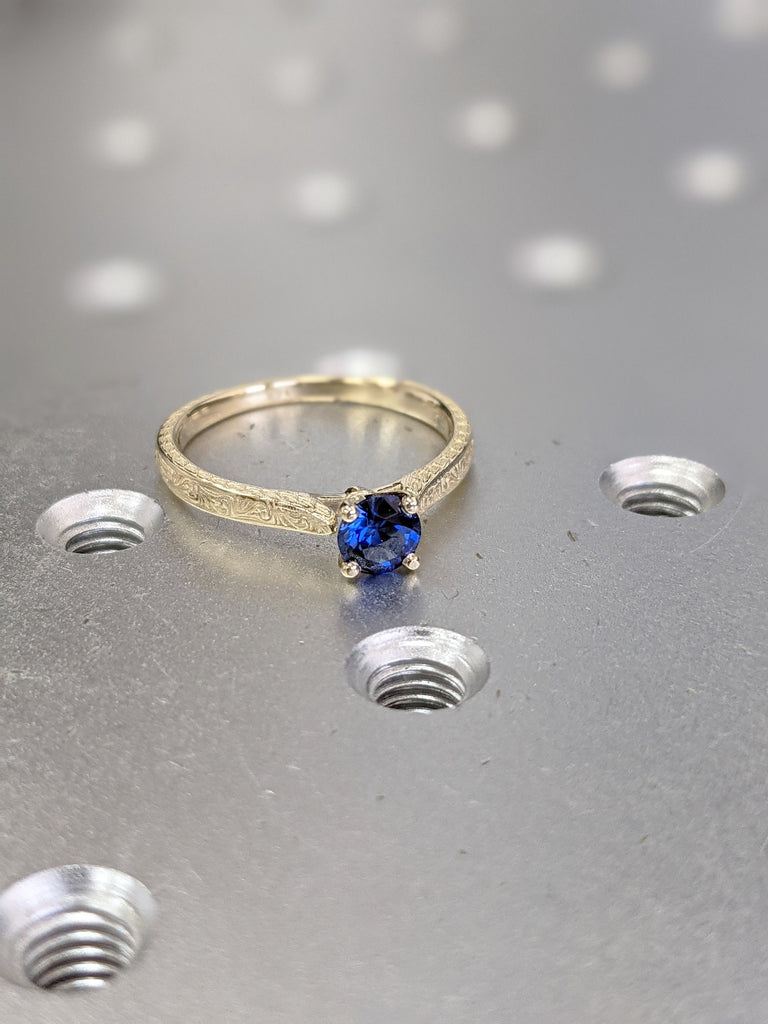 Blue Sapphire Engagement Ring, Vintage Inspired Sapphire Ring, Rose/Yellow/White Gold Round Sapphire Ring, Sapphire Ring