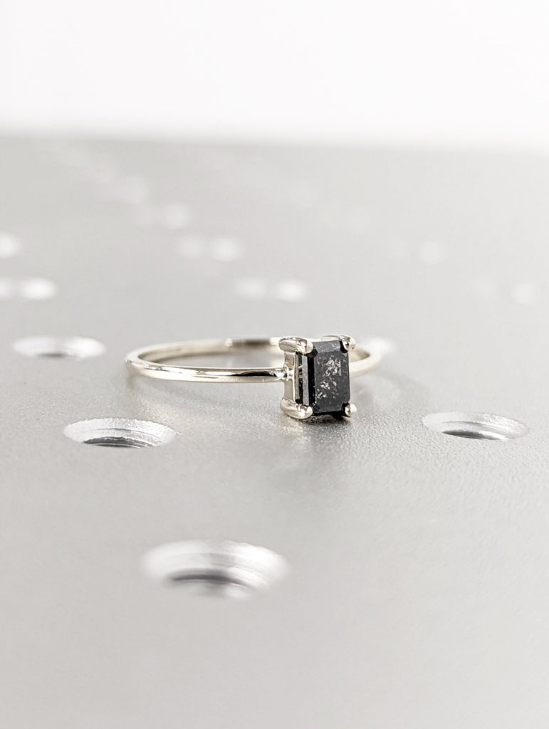 Solitaire Emerald Diamond Ring, Unique Salt And Pepper Emerald Cut Diamond Ring, Antique Inspired Emerald Diamond Ring