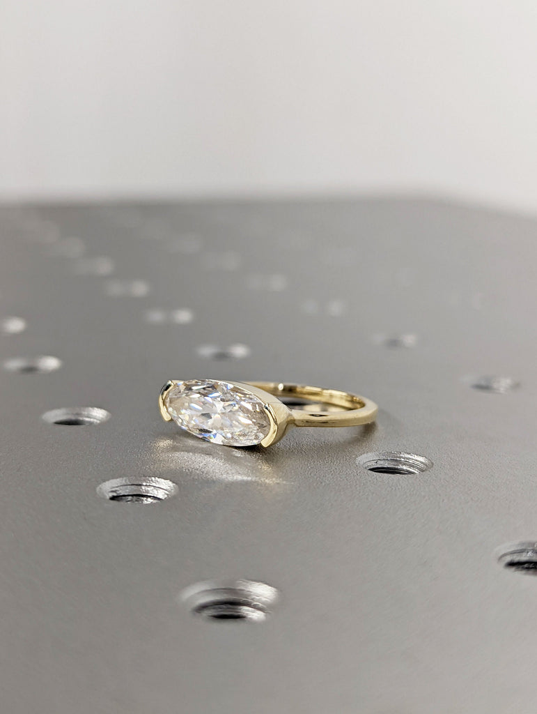 Moissanite Solitaire Moval Engagement Rings for Women | 14k Yellow Gold Elongated Oval Bezel Ring | Unique Bridal Jewelry image #5