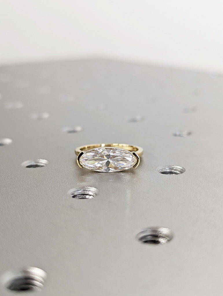 Moissanite Solitaire Moval Engagement Rings for Women | 14k Yellow Gold Elongated Oval Bezel Ring | Unique Bridal Jewelry image #3