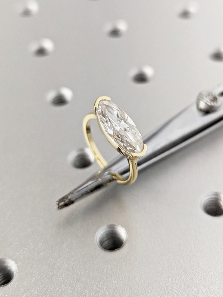 Moissanite Solitaire Moval Engagement Rings for Women | 14k Yellow Gold Elongated Oval Bezel Ring | Unique Bridal Jewelry image #1