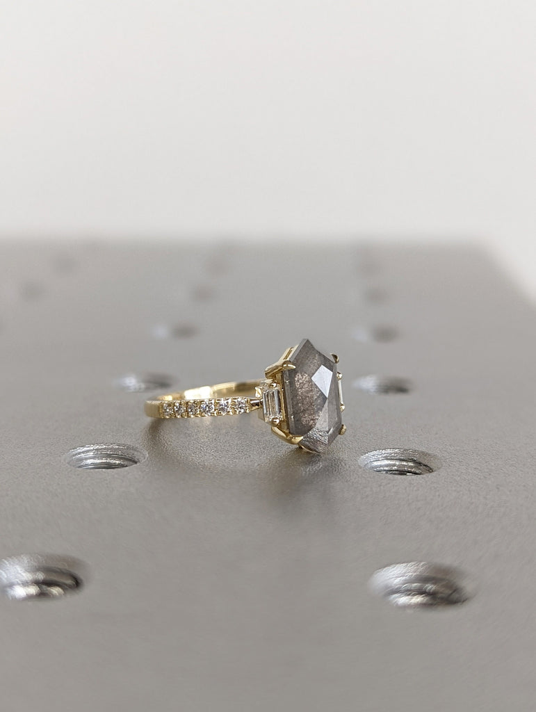 Raw Diamond Hexagon Baguette Diamond, Salt and Pepper, Unique Engagement Ring, Rose Cut Geometric Diamond Ring, 14k Gold, Custom Handmade