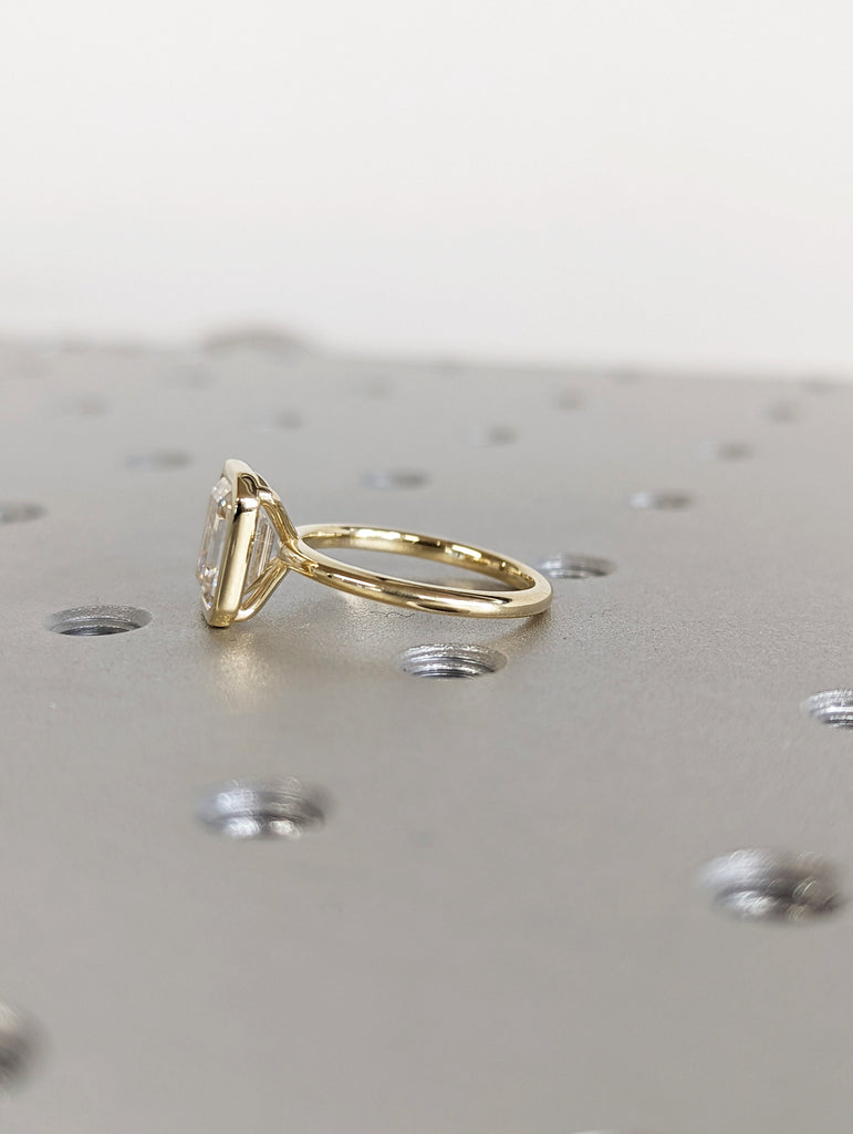 Emerald Cut Solitaire Bezel Ring | Moissanite Engagement Ring | 14k Yellow Gold Wedding Ring