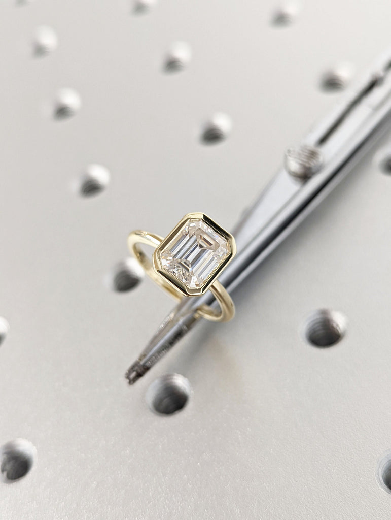 Bezel set Emerald cut Engagement Ring | Solid Gold VVS Moissanite Woman Bridal Ring | Solitaire Promise Ring