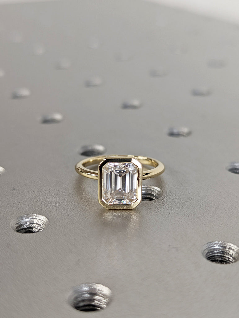 Bezel set Emerald cut Engagement Ring | Solid Gold VVS Moissanite Woman Bridal Ring | Solitaire Promise Ring