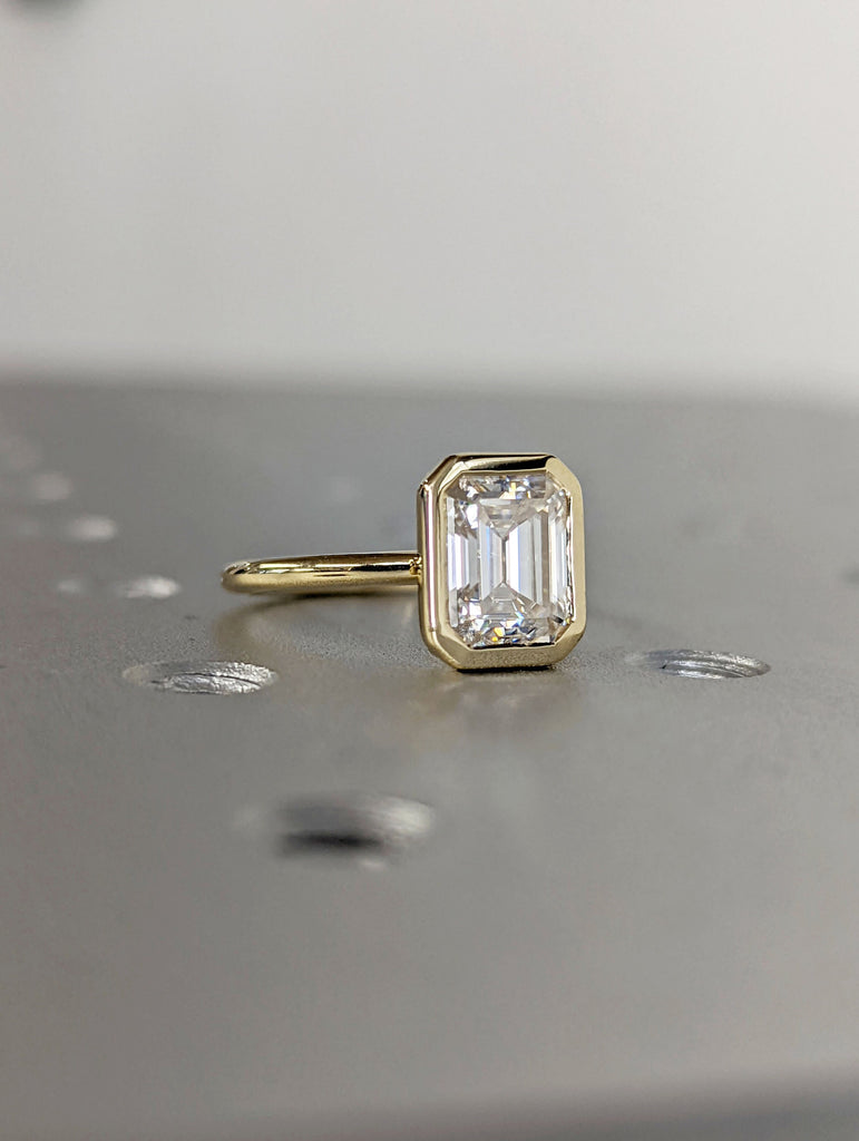 Bezel set Emerald cut Engagement Ring | Solid Gold VVS Moissanite Woman Bridal Ring | Solitaire Promise Ring