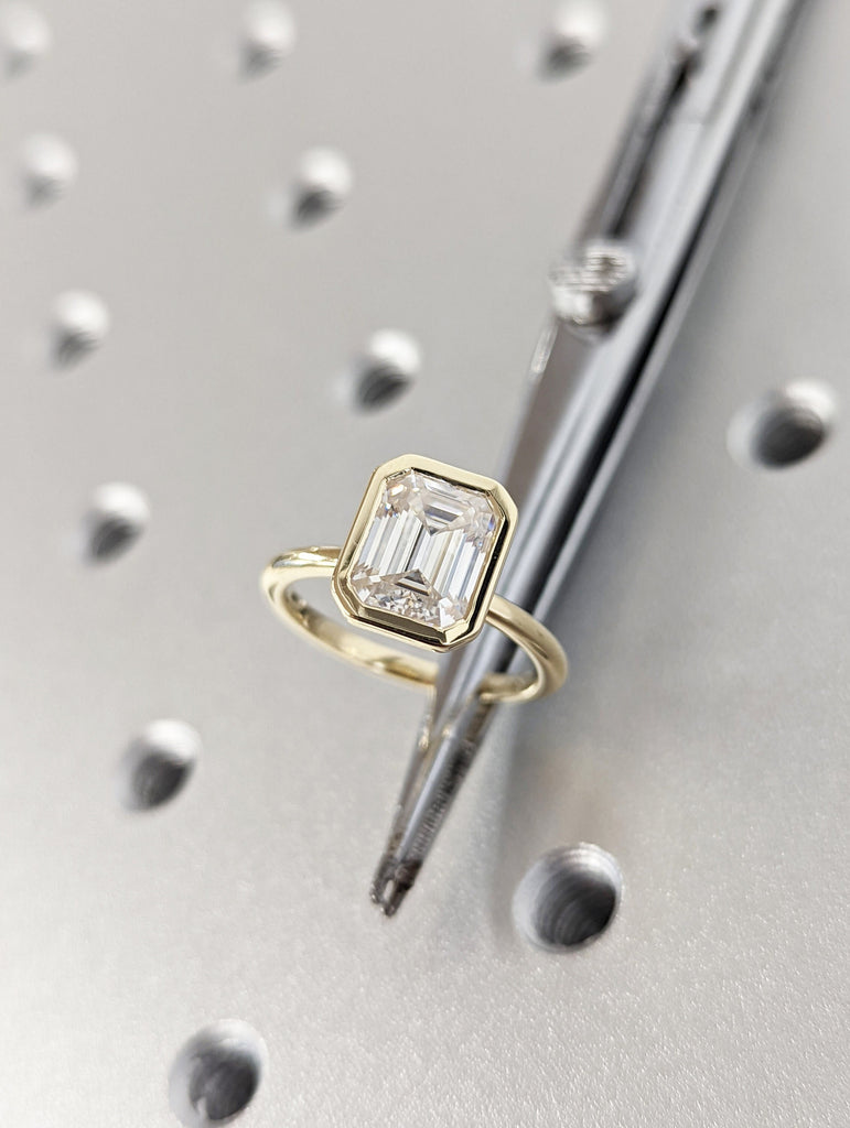 Bezel set Emerald cut Engagement Ring | Solid Gold VVS Moissanite Woman Bridal Ring | Solitaire Promise Ring