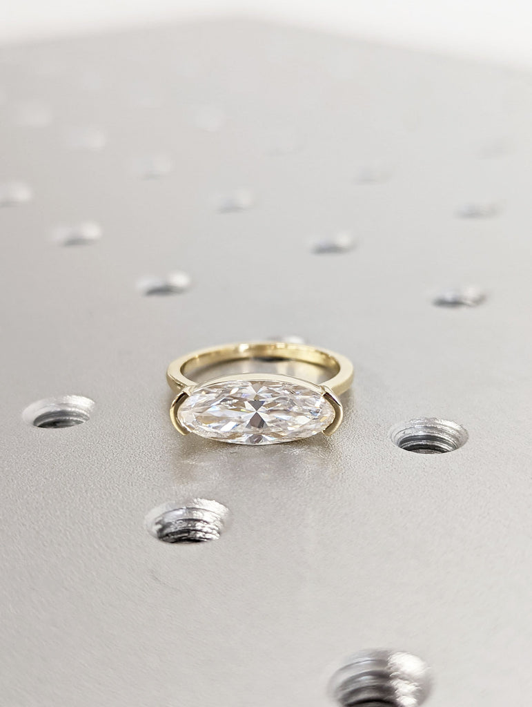 Moissanite Solitaire Moval Engagement Rings for Women | 14k Yellow Gold Elongated Oval Bezel Ring | Unique Bridal Jewelry image #2
