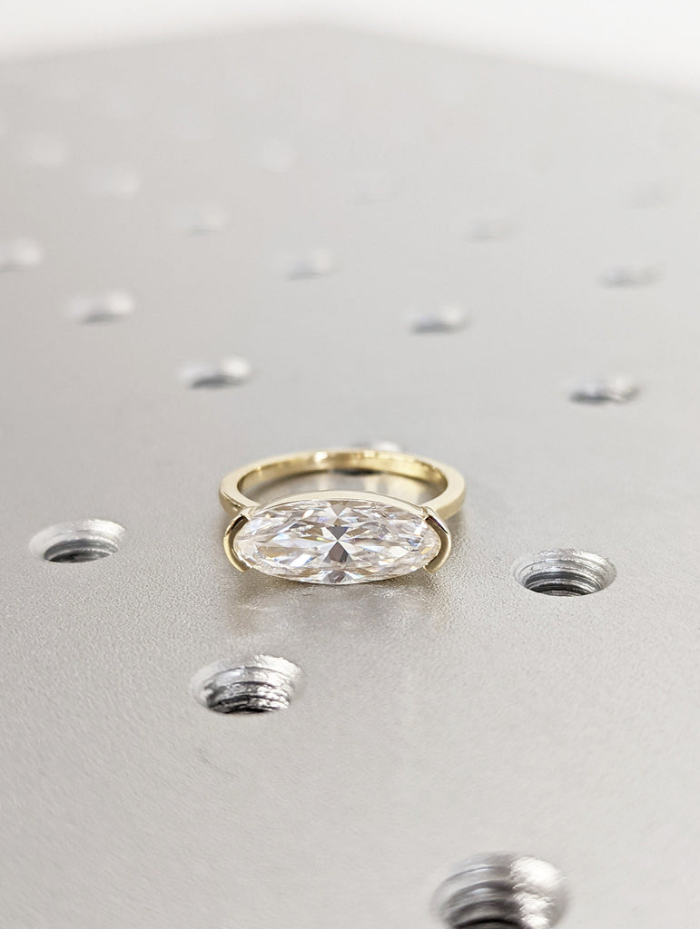 Solid Gold Elongated Oval 2ct Moissanite Ring | Moval Diamond Promise Ring | East West Solitaire Wedding Ring Anniversary Gift image #3