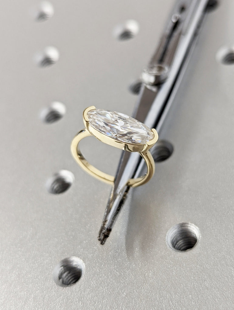 Moissanite Solitaire Moval Engagement Rings for Women | 14k Yellow Gold Elongated Oval Bezel Ring | Unique Bridal Jewelry image #8