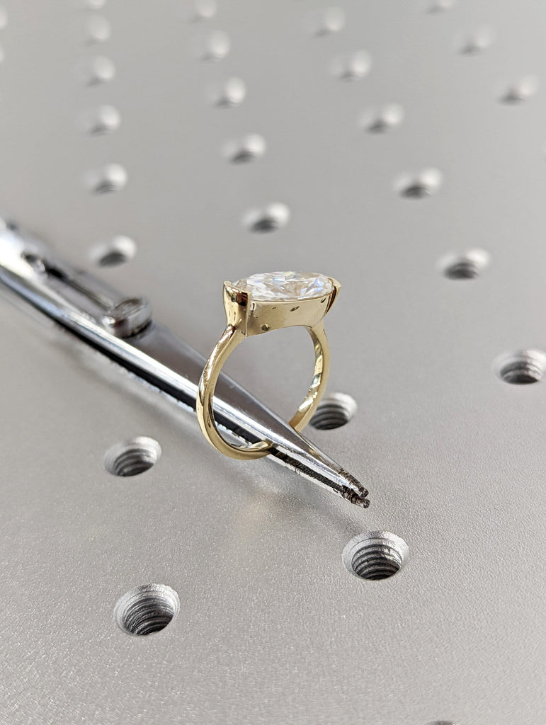 Moissanite Solitaire Moval Engagement Rings for Women | 14k Yellow Gold Elongated Oval Bezel Ring | Unique Bridal Jewelry image #7