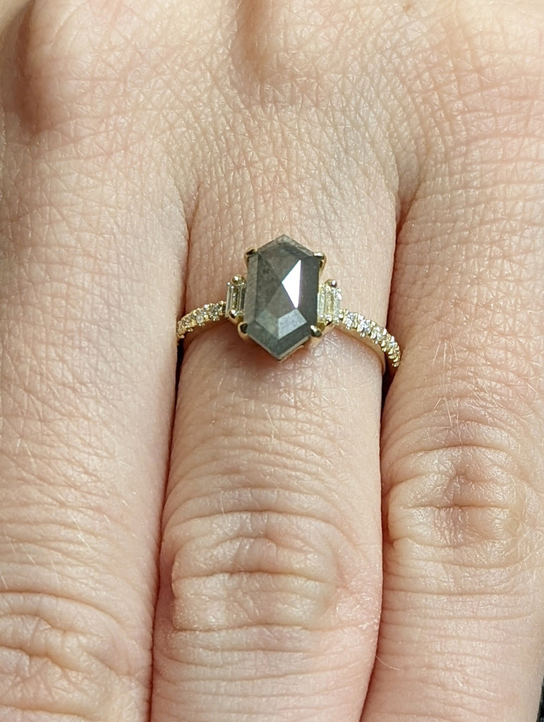 Raw Diamond Hexagon Baguette Diamond, Salt and Pepper, Unique Engagement Ring, Rose Cut Geometric Diamond Ring, 14k Gold, Custom Handmade