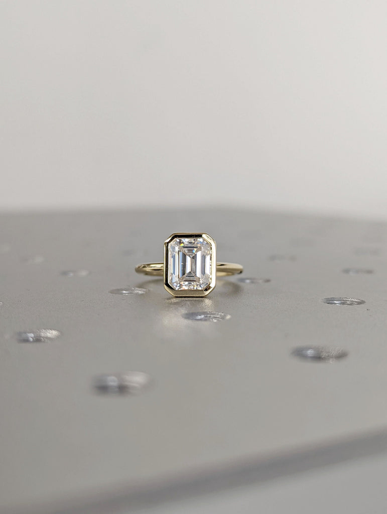 Bezel set Emerald cut Engagement Ring | Solid Gold VVS Moissanite Woman Bridal Ring | Solitaire Promise Ring