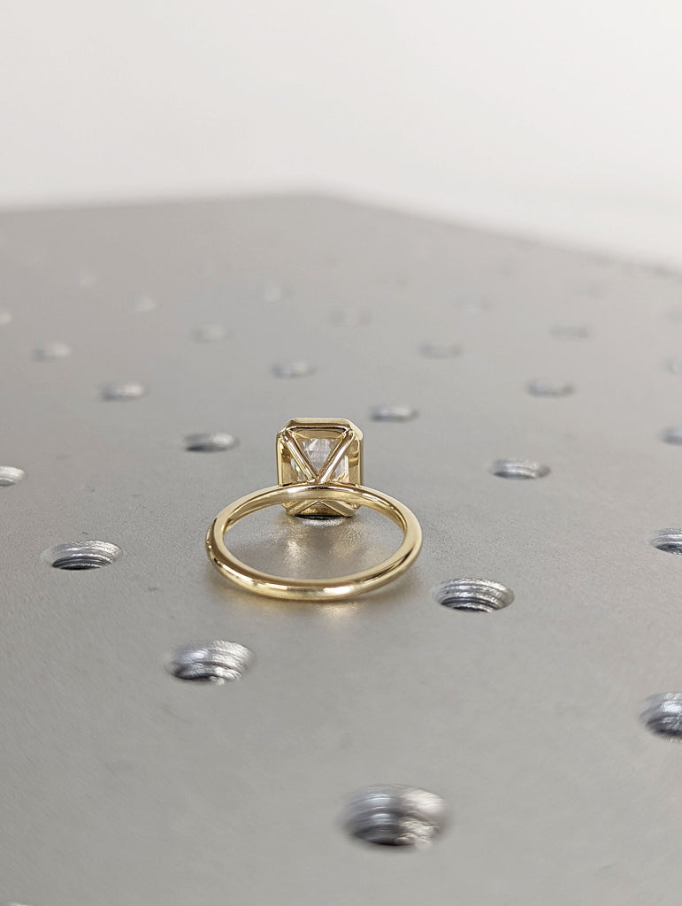 Bezel set Emerald cut Engagement Ring | Solid Gold VVS Moissanite Woman Bridal Ring | Solitaire Promise Ring