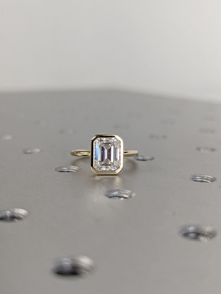 Bezel set Emerald cut Engagement Ring | Solid Gold VVS Moissanite Woman Bridal Ring | Solitaire Promise Ring