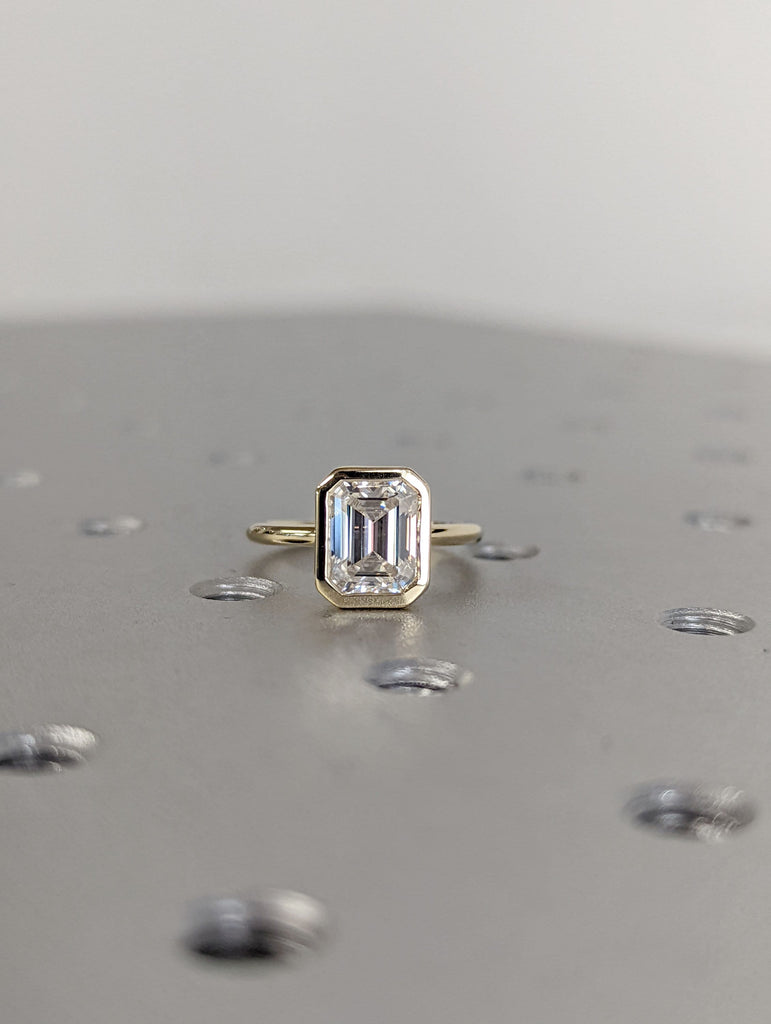 Bezel Set Emerald Cut Solitaire Moissanite Engagement Ring / 14K Gold Dainty Moissanite Ring / Emerald Cut Solitaire Promise Ring for Women