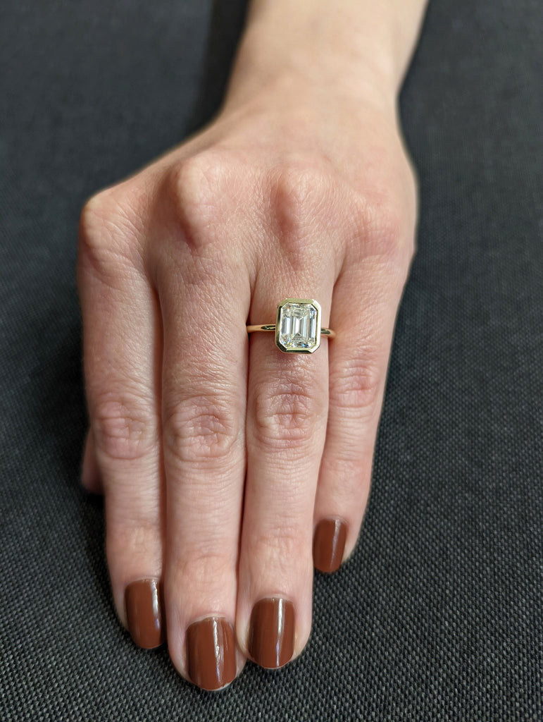 Bezel set Emerald cut Engagement Ring | Solid Gold VVS Moissanite Woman Bridal Ring | Solitaire Promise Ring