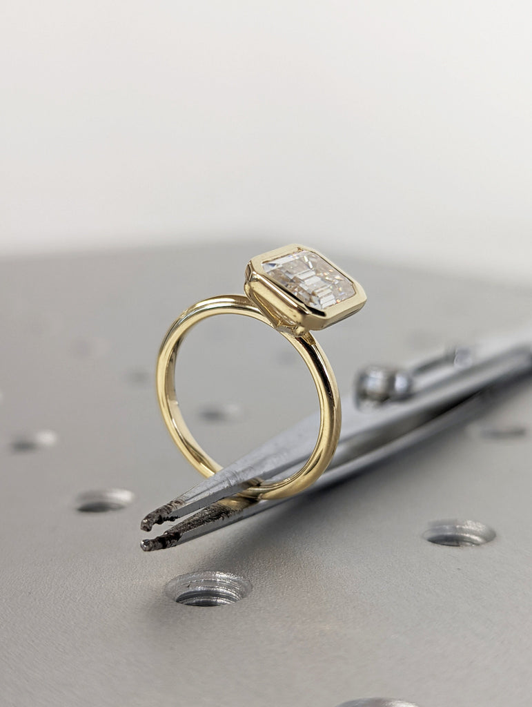 Bezel set Emerald cut Engagement Ring | Solid Gold VVS Moissanite Woman Bridal Ring | Solitaire Promise Ring