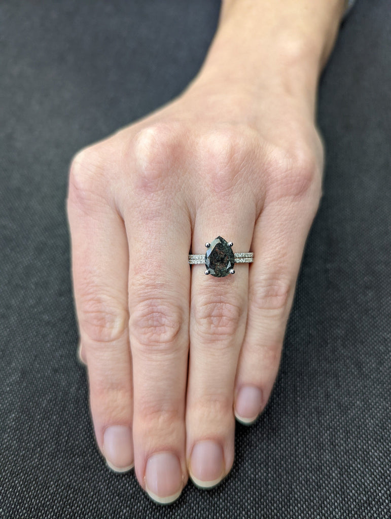 1920's Raw Salt and Pepper Diamond, Pear Diamond Ring, Unique Engagement Bridal Set, Black, Gray Pear, 14k Yellow, Rose, or White Gold