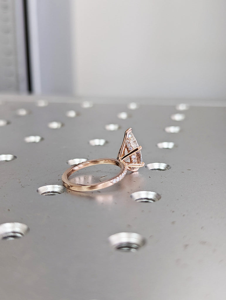 VVS Moissanite 14k Rose Gold Wedding Ring: Pear shape Hidden Halo with Thin Paved Half Eternity Band