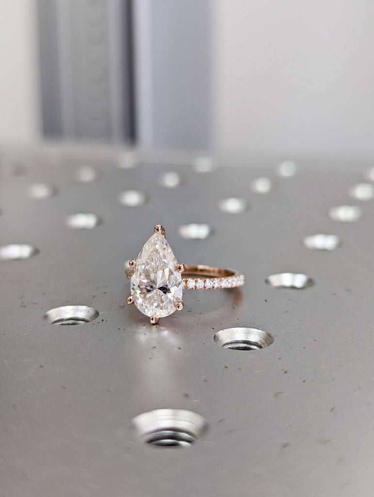 Pave Half Eternity Band 1-3CT Pear Cut Moissanite and Diamond Ring, Danity Hidden Halo Pave Moissanite Diamond Engagement Ring