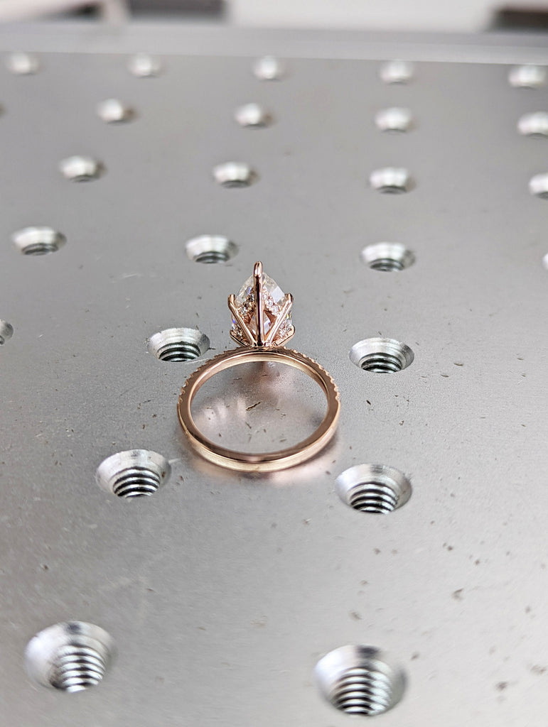 VVS Moissanite 14k Rose Gold Wedding Ring: Pear shape Hidden Halo with Thin Paved Half Eternity Band