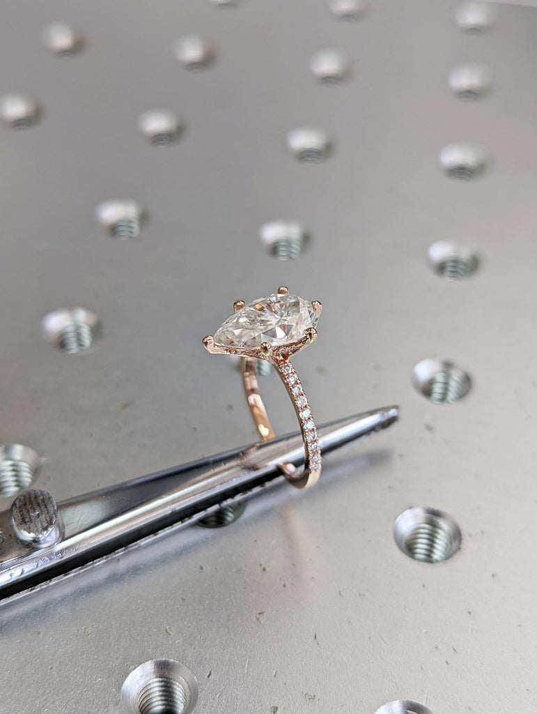 VVS Moissanite 14k Rose Gold Wedding Ring: Pear shape Hidden Halo with Thin Paved Half Eternity Band