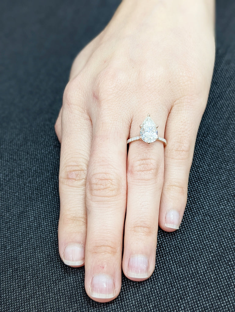 2.5 Carat Pear cut Moissanite Engagement Ring | Rose Gold Hidden Halo Ring | Thin Engagement Ring