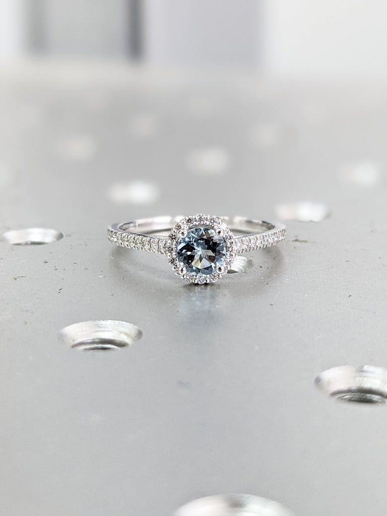 Aquamarine Engagement Ring, White Gold Diamond Halo Engagement Ring, Aquamarine Diamond Ring, Natural Aquamarine 5 6.5 8mm Round Aquamarine