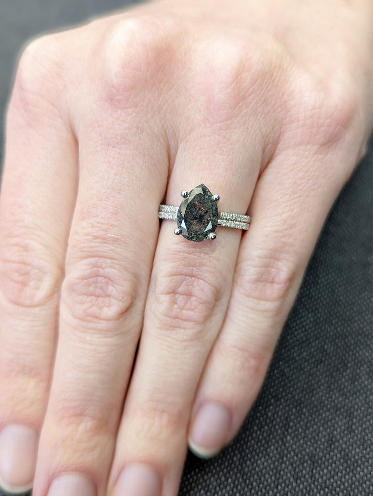 1920's Raw Salt and Pepper Diamond, Pear Diamond Ring, Unique Engagement Bridal Set, Black, Gray Pear, 14k Yellow, Rose, or White Gold