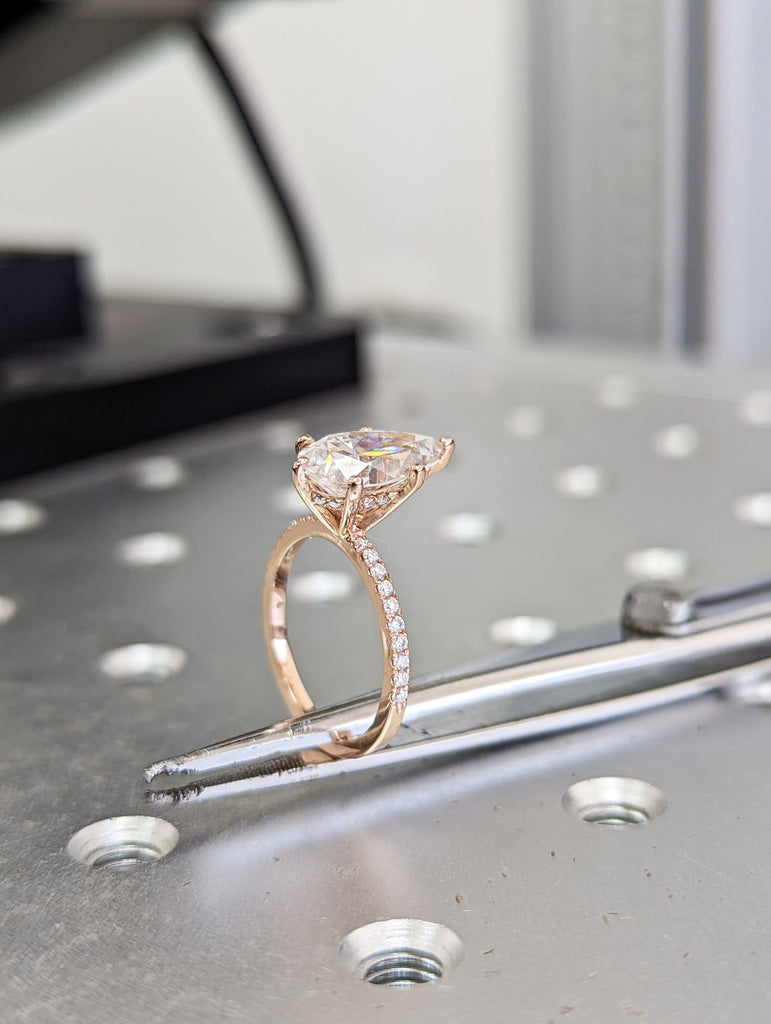 2.5 carat pear engagement ring skinny pear lab diamond 11.5x7.2 1.6 ratio 1.6mm thin band & hidden halo diamond ring