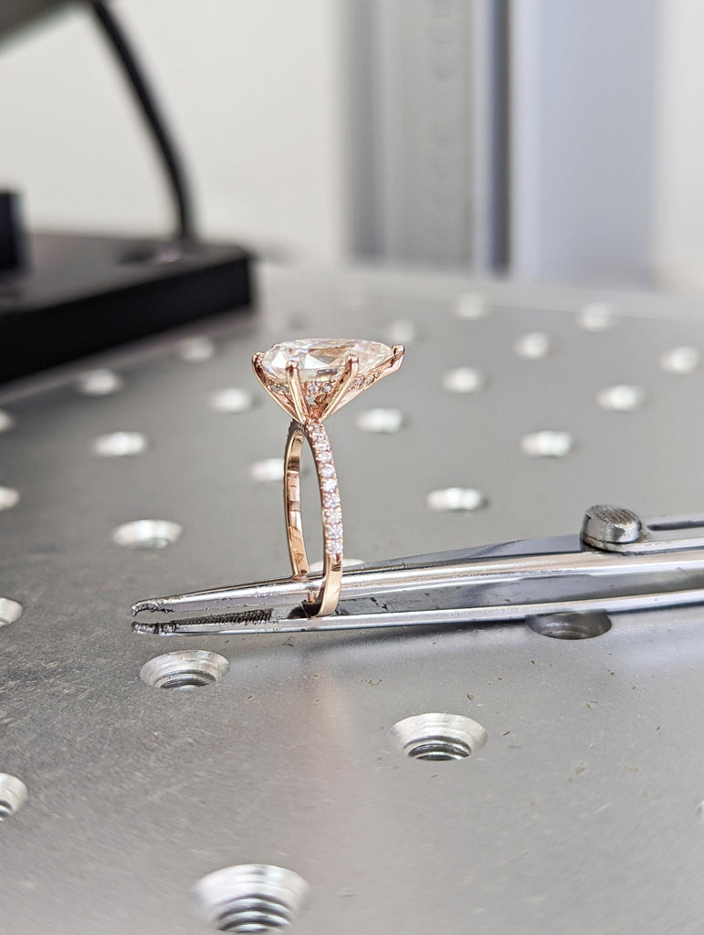 Pear cut Hidden Halo Engagement Ring | 1.5-3 Carat VVS Moissanite Ring | 14k Rose Gold Promise Ring | Half Eternity Ring | Thin Gold Ring