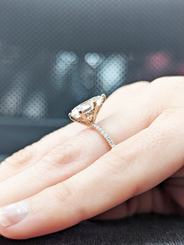 VVS Moissanite 14k Rose Gold Wedding Ring: Pear shape Hidden Halo with Thin Paved Half Eternity Band