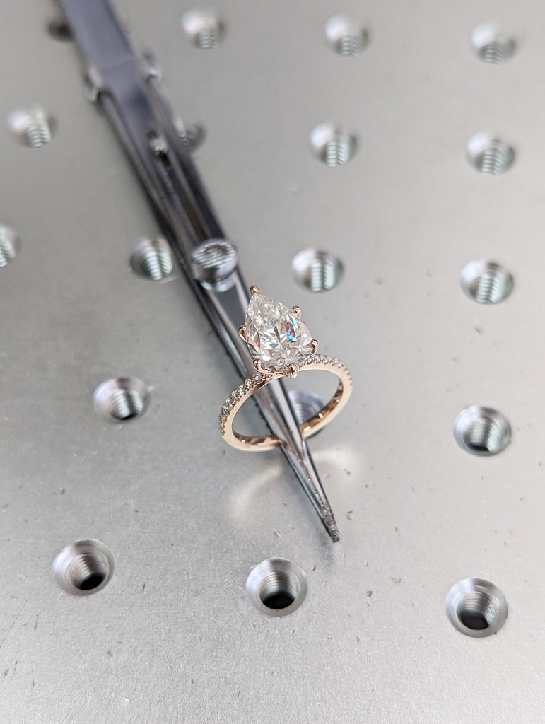 Pear cut Hidden Halo Engagement Ring | 1.5-3 Carat VVS Moissanite Ring | 14k Rose Gold Promise Ring | Half Eternity Ring | Thin Gold Ring