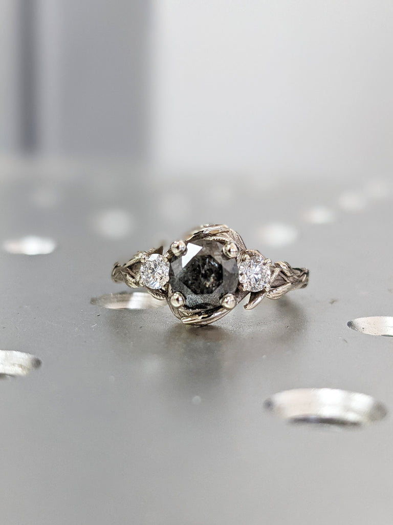 Natural Salt and Pepper Diamond Promise Ring: Solid White Gold Band with Leaf and Branch Engraving