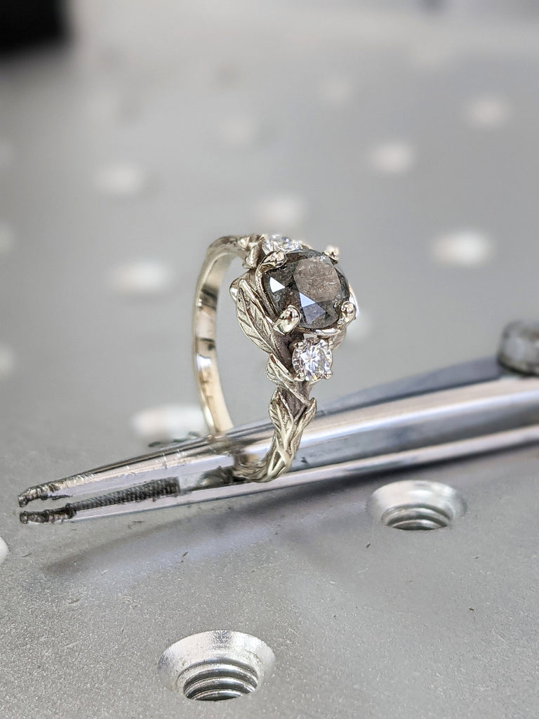 Nature Inspired 14k White Gold Rustic Engagement Ring | Round cut Salt and Pepper Black Diamond Ring for Women | Handmade Leaf and Twig Ring