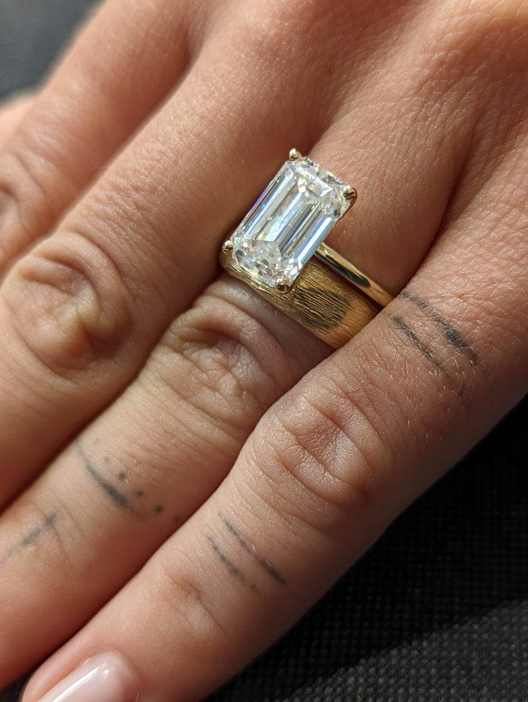 4CT Emerald Cut Moissanite Solitaire Ring, 14K Yellow Gold Engagement Ring, Statement Ring, Gift For Her, Unique Bridal Set