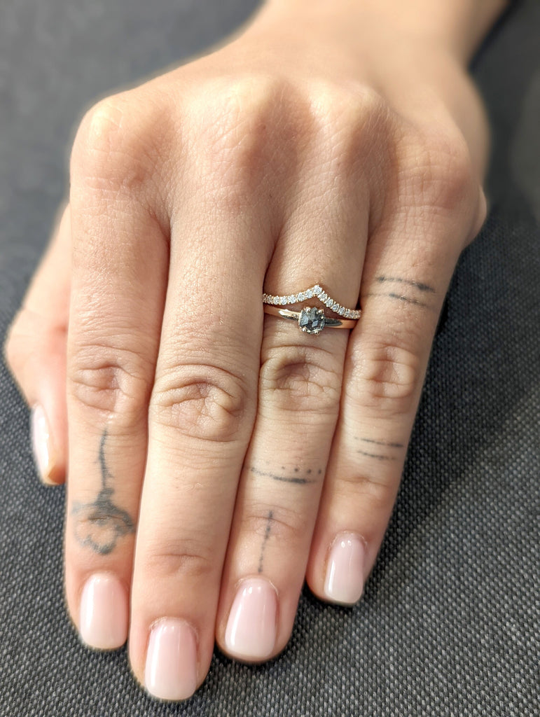 Raw Diamond, Salt and Pepper, Hexagon, Unique Engagement Ring, Bridal Set, Rose Cut Geometric Diamond Ring, 14k Gold, Custom Handmade