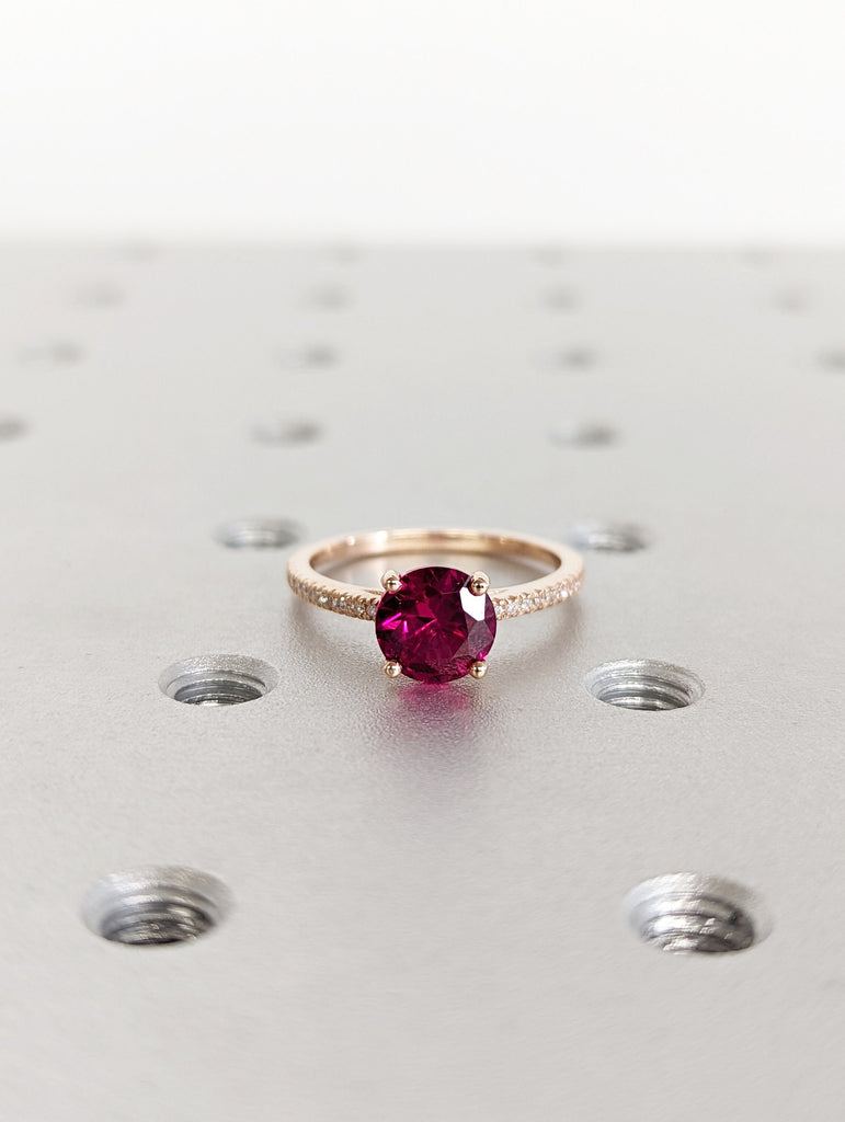 Vintage Ruby And Diamond Engagement Ring 14k Rose Gold Ruby Ring, Cathedral Setting, High Profile Prongs, Micro Pave , Petite Ring