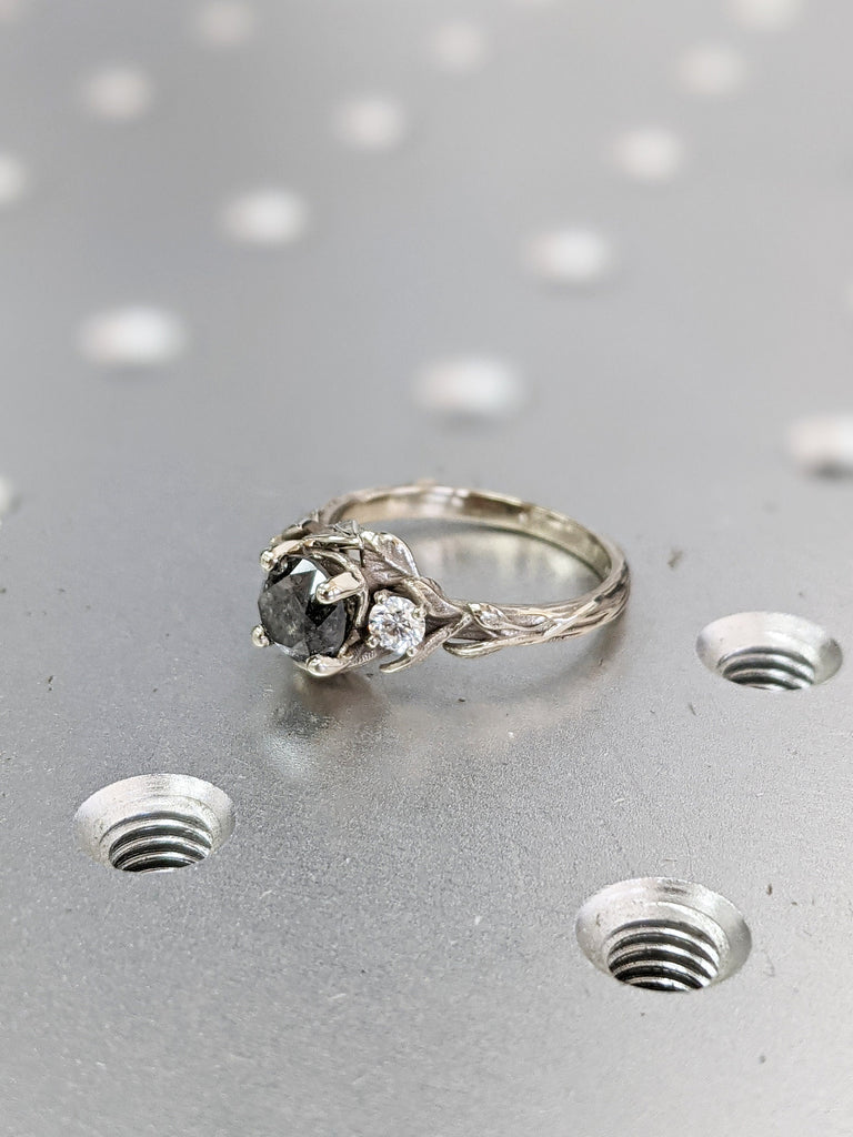 Natural Salt and Pepper Diamond Promise Ring: Solid White Gold Band with Leaf and Branch Engraving