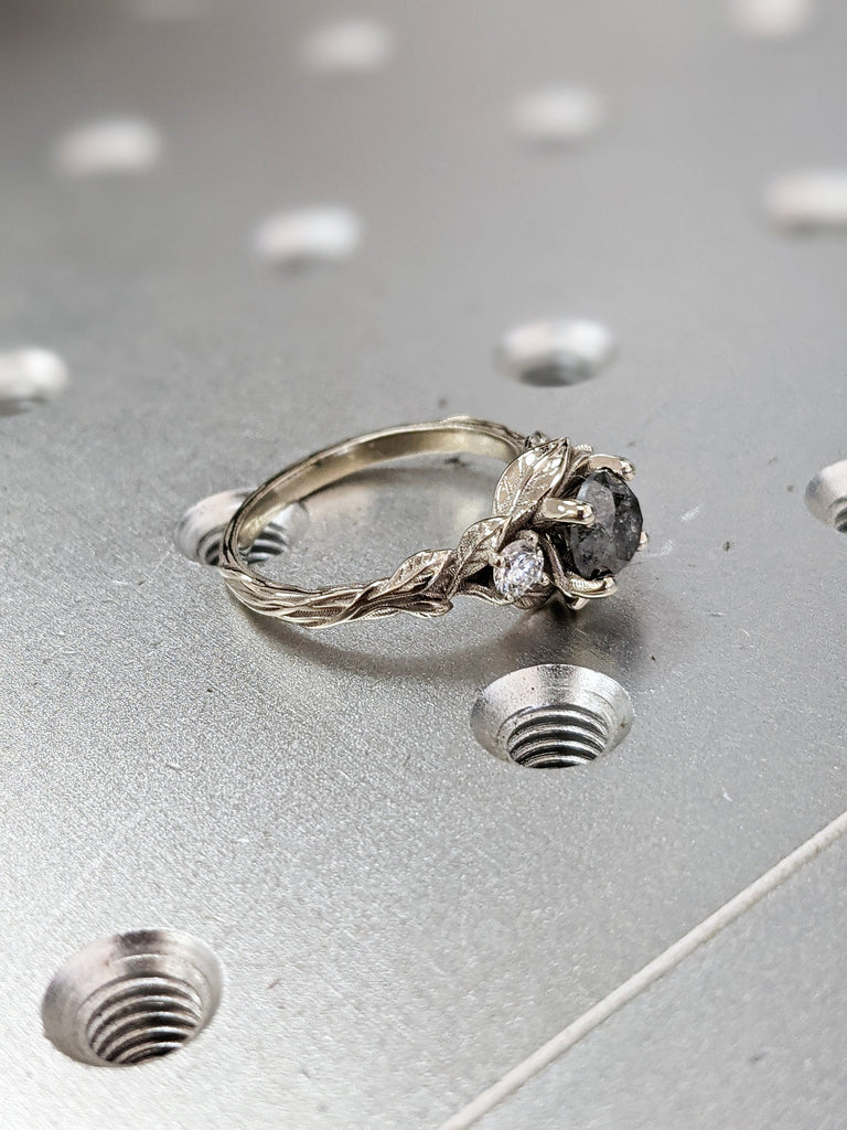 Natural Salt and Pepper Diamond Promise Ring: Solid White Gold Band with Leaf and Branch Engraving