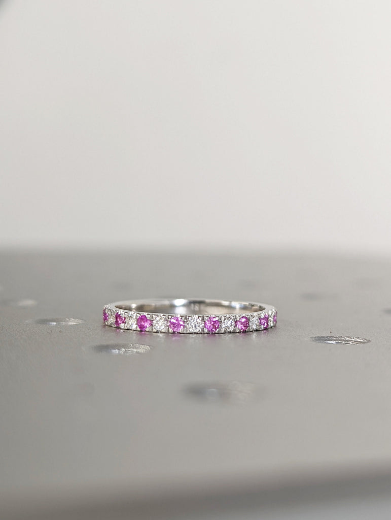 Pink Sapphire and Diamond Ring, 18K Gold Natural Diamond Sapphire Band, Micro Pave Wedding Band, Half Eternity Stackable Band, Gift for Her