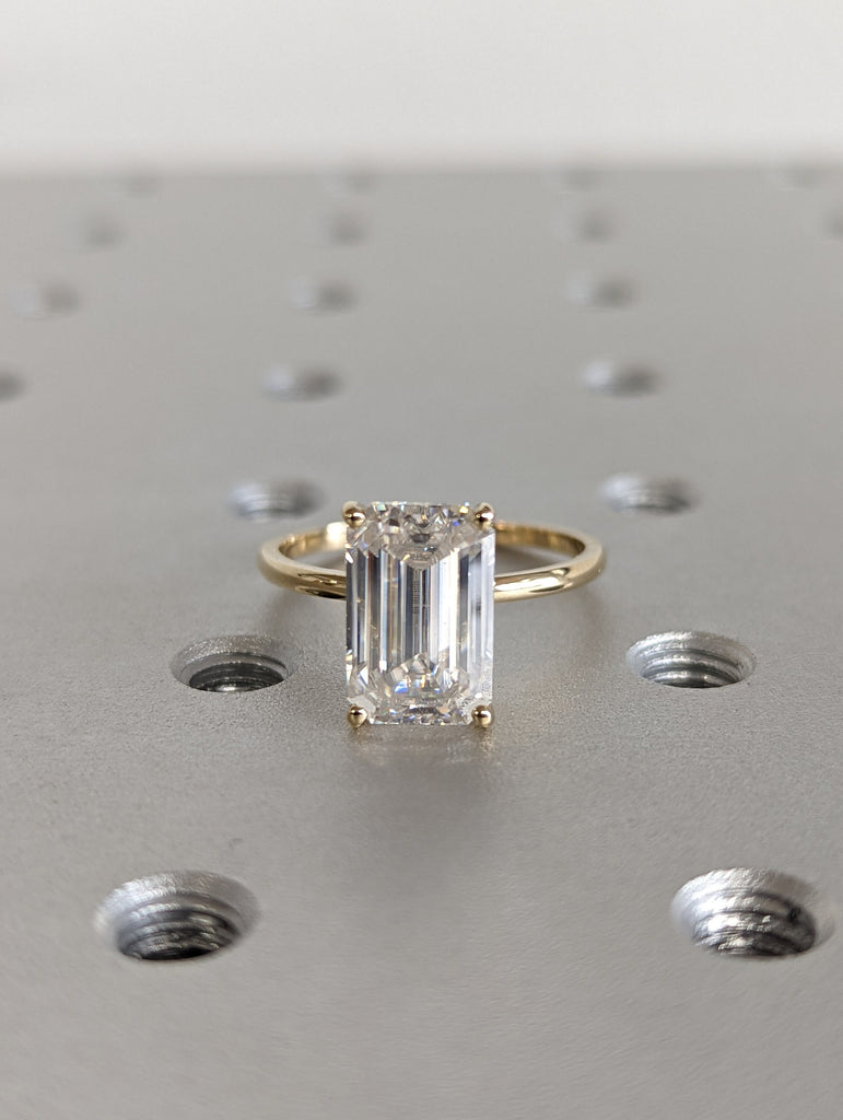 4CT Emerald Cut Moissanite Solitaire Ring, 14K Yellow Gold Engagement Ring, Statement Ring, Gift For Her, Unique Bridal Set