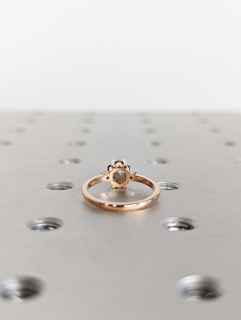 Raw Diamond, Salt and Pepper, Hexagon, Unique Engagement Ring, Rose Cut Geometric Diamond Ring, 14k Gold, Custom Handmade