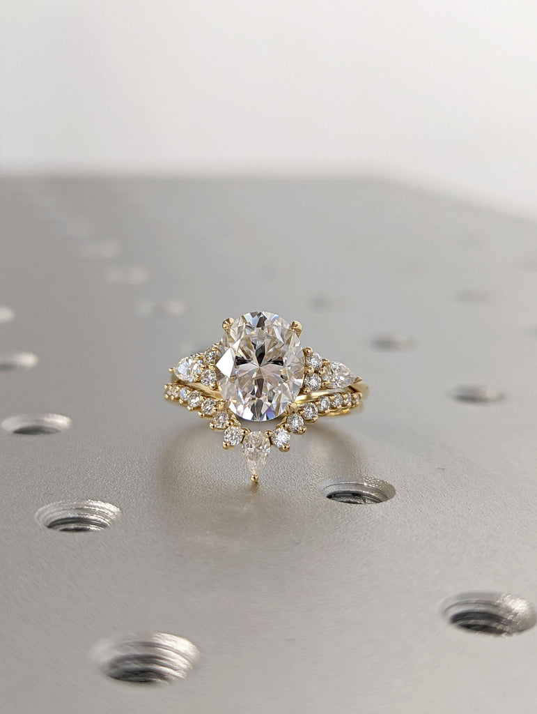 Oval cut Moissanite Engagement Ring | Matching Crown Ring 14k Yellow Gold Bridal Set | Stackable Cluster Ring