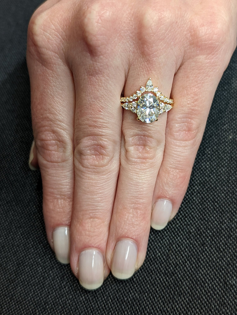 Oval cut Moissanite Engagement Ring | Matching Crown Ring 14k Yellow Gold Bridal Set | Stackable Cluster Ring