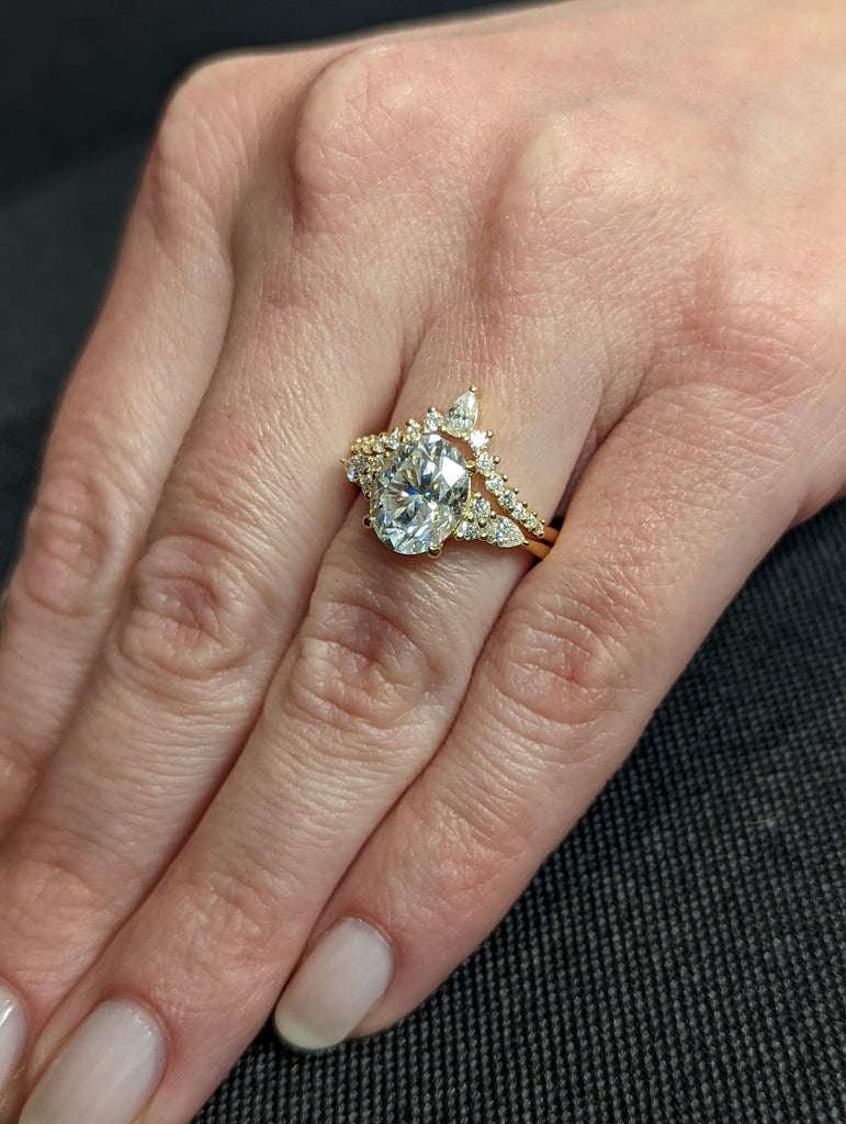 Oval cut Moissanite Engagement Ring | Matching Crown Ring 14k Yellow Gold Bridal Set | Stackable Cluster Ring
