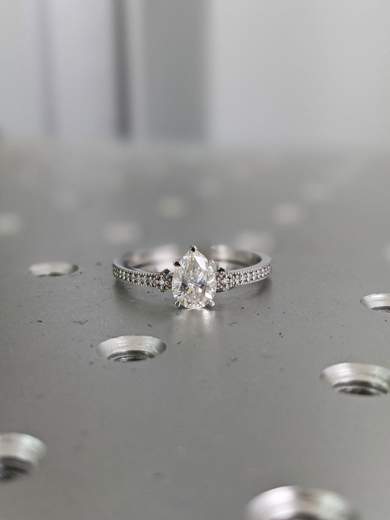 Vintage Moissanite Engagement Ring Set White Gold Pear Shaped Cluster Moissanite Bridal Set Art Deco Milgrain Diamond Wedding Ring Set