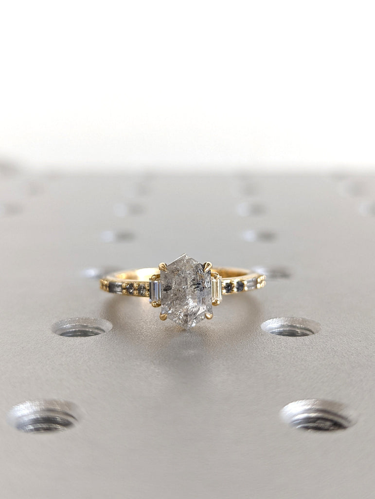 Raw Diamond Hexagon Baguette Diamond, Salt and Pepper, Unique Engagement Ring, Rose Cut Geometric Diamond Ring, 14k Gold, Custom Handmade