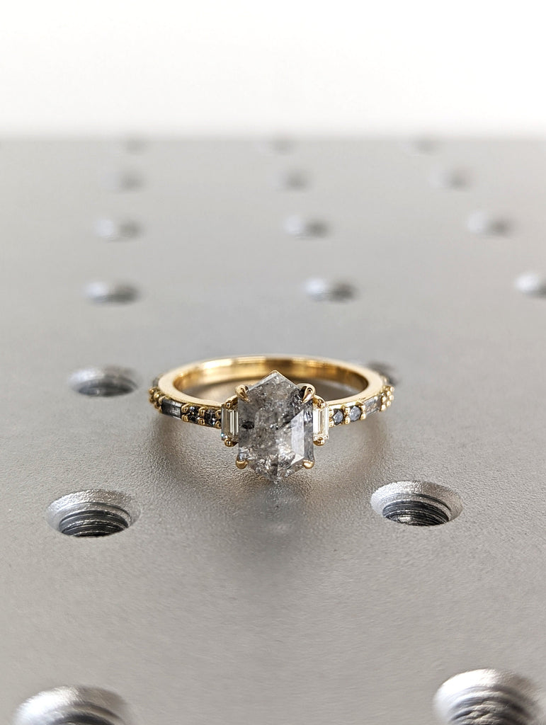 Raw Diamond Hexagon Baguette Diamond, Salt and Pepper, Unique Engagement Ring, Rose Cut Geometric Diamond Ring, 14k Gold, Custom Handmade